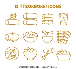 Tteokbokki icons set. Traditional asian street food. Korean stir-fried rice cakes. Spiced with hot chili paste. Tteokbokki dishes. Flat vector illustration