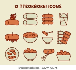 Tteokbokki icons set. Traditional asian street food. Korean stir-fried rice cakes. Spiced with hot chili paste. Tteokbokki dishes. Flat vector illustration