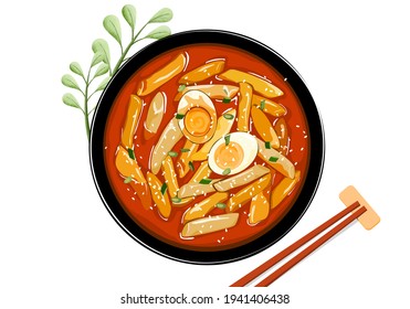 Tteokbokki, isolated stir-fried rice cakes with boiled eggs in a black bowl on white background. Close up top view Asian food vector illustration.