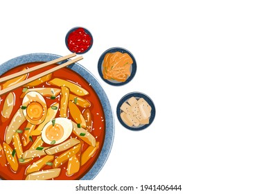 Tteokbokki, isolated stir-fried rice cakes with boiled eggs in a bowl on white background. Close up top view Asian food vector illustration.