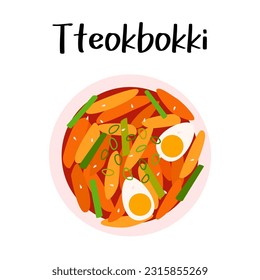 Tteokbokki, isolated stir-fried rice cakes with boiled eggs in a white bowl. Close up top view Asian food. Korean cuisine dishes.