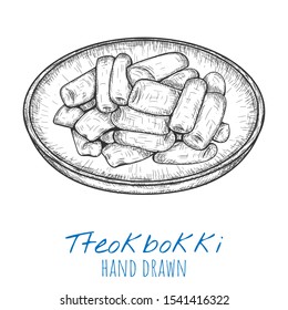 Tteokbokki Korean dish, hand drawn vector illustration, isolated sketched art.