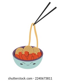 Tteokbokki korean food illustration - rice cakes tteokbokki in cute bowl with spicy sauce with chopsticks. Vector stock illustration isolated on white background. Flat style