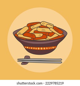 Tteokbokki korean food vector illustration doodle. Popular street food in Korea. Hand drawn cartoon style traditional Korean Spicy Rice Cakes in big bowl with chopsticks. Isolated vector illustration
