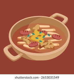 Tteokbokki ou bolo de arroz coreano com molho picante com bolo de peixe, salsicha e queijo em cima. Ilustração do vetor plano alimentar.