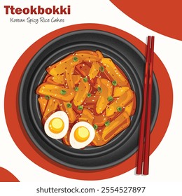 Tteokbokki Korean Spicy Rice Cakes with Boiled Eggs, Seasame Seeds and Scallions Garnish. Popular Asian Cuisine Top View Vector Art