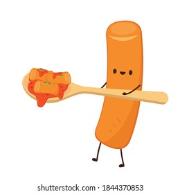 Vector de fideos Tteokbokki. Diseño del personaje de Tteokbokki. Pastel de arroz picante.