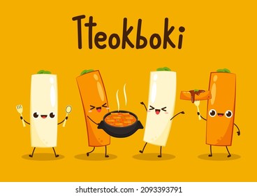 Vector de fideos Tteokbokki. Diseño del personaje de Tteokbokki. Pastel de arroz picante. Tteokbokki es comida coreana. Afiche de comida de Corea.