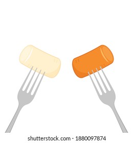 Tteokbokki noodle vector. Tteokbokki on a fork. Spicy rice cake