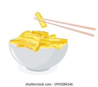 Tteokbokki is on a bowl vector stock illustration. Traditional Korean food. Chopsticks. rice cake, red pepper sauce and vegetables.Isolated on a white background.