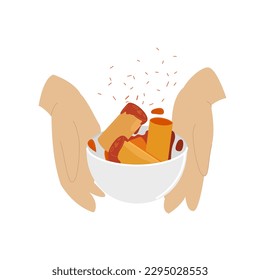 Tteokbokki. Popular Korean traditional food. Simmered rice cake. Editable vector illustration isolated on a transparent background.