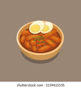 Tteokbokki or simmered rice cake is korean popular street food in bowl with egg topping cartoon illustration vector