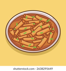 Tteokbokki or simmered rice cake is korean popular street food in plate, cartoon illustration vector.