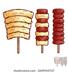 TTEOKBOKKI SKEWER VECTOR PACK – 3 STREET FOOD STYLES: ORIGINAL, WITH SAUSAGE, FULL SAUSAGE – ASIAN FOOD ILLUSTRATION