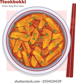 Tteokbokki Spicy Korean Rice Cakes with Scallions and Sesame Garnish. Top View Asian Cuisine Illustration with Chopsticks