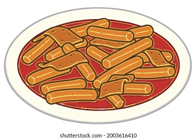 Tteokbokki. This is a popular Korean food made from small-sized garae-tteok (long, white, cylinder-shaped rice cakes). Vector illustration.