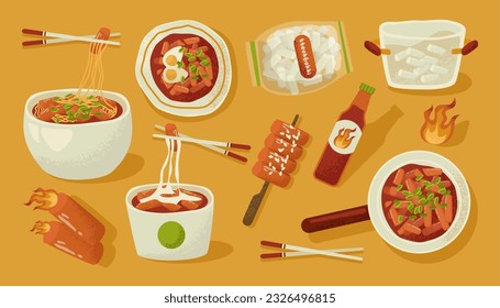 Tteokbokki. Traditional asian street food. Korean stir-fried rice cakes. Spiced with hot chili paste. Tteokbokki dishes. Flat vector illustration