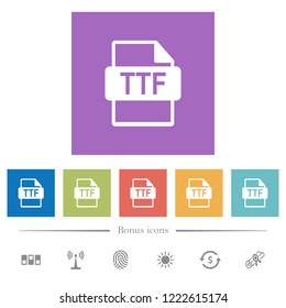 TTF file format flat white icons in square backgrounds. 6 bonus icons included.