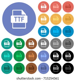 TTF file format multi colored flat icons on round backgrounds. Included white, light and dark icon variations for hover and active status effects, and bonus shades on black backgounds.