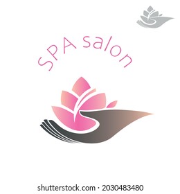 TThe hand holds a lotus flower, a color logo with a gradient. A concept for spa, relaxation, cosmetology, yoga, treatment, recovery, massage, oriental medicine. Vector illustration