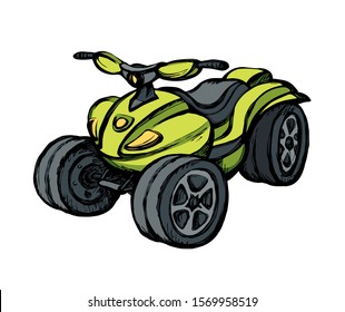 Tthree wheeler quadbike engine machine on light desert backdrop. Bright green color hand drawn fun offroad four-track tyre jump scooter logo design in modern art doodle style on paper space for text