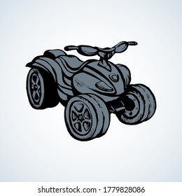 Tthree-wheeler big quadbike engine machine on light desert backdrop. Outline black ink pen hand drawn fun offroad four-track tyre jump scooter logo design in modern art doodle style paper text space