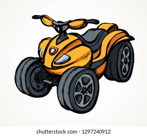 Tthree-wheeler orange quadbike engine machine on light desert backdrop. Bright yellow color hand drawn fun offroad four-track tyre jump scooter logo design in modern art style on paper space for text