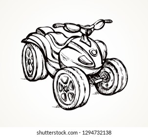 Tthree-wheeler quadbike engine machine on light desert backdrop. Outline black ink hand drawn fun offroad four-track tyre jump scooter logo design in modern art doodle style pen on paper space for tex