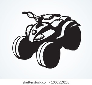 Tthree-wheeler quadbike engine machine on light desert backdrop. Outline black ink hand drawn offroad four-track tyre scooter logo design in modern art style