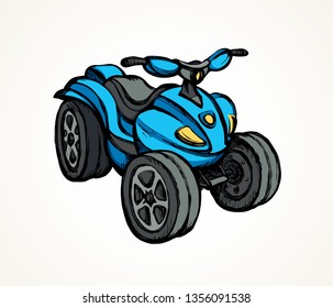 Tthree-wheeler quadbike engine machine on light desert backdrop. Bright blue color hand drawn fun offroad four-track tyre jump scooter logo design in modern art doodle style on paper space for text