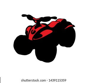 Tthree-wheeler quadbike engine machine on light desert backdrop. Outline black ink hand drawn fun offroad four-track tyre jump scooter logo design in modern art doodle style on paper space for text