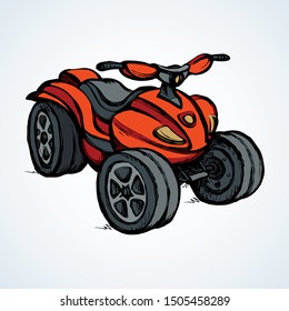 Tthree-wheeler quadbike engine machine on light desert backdrop. Bright red color hand drawn fun offroad four-track tyre jump scooter logo design in modern art doodle style on paper space for text