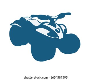 Tthree-wheeler quadbike engine machine on light desert backdrop. Outline black ink hand drawn fun offroad four-track tyre jump scooter logo design in modern art doodle style pen on paper text space