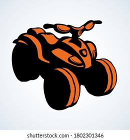Tthree-wheeler quadbike engine machine on light desert backdrop. Outline black ink hand drawn fun offroad four-track tyre jump scooter logo design in modern art doodle style pen on paper text space