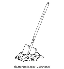 Ttilted shovel with a wooden handle. Bayonet shovel. Spade stuck into the ground. Vector illustration.