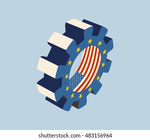 TTIP - Transatlantic Trade and Investment Partnership. Europe and USA association. Gear textured by flag