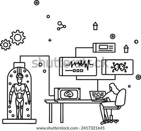 Ttissue engineering culture strategies mechanical cues vector icon design, robotic science symbol, special purpose machine sign, Humanoid robot stock illustration, humanoid bioreactor concept