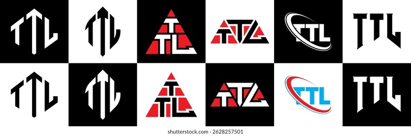 Projeto de logotipo de letra TTL em estilo seis. Polígono TTL, círculo, triângulo, hexágono, estilo simples e plano com logotipo de letra de variação de cor preta e branca definido em uma prancheta. TTL minimalista e logotipo clássico