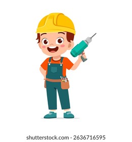ttle Boy Construction Worker Holding a Drill with Smile on White Background Cartoon