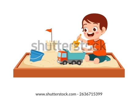 ttle Boy Playing with Sand and Toys in a Sandbox with Joyful Expression