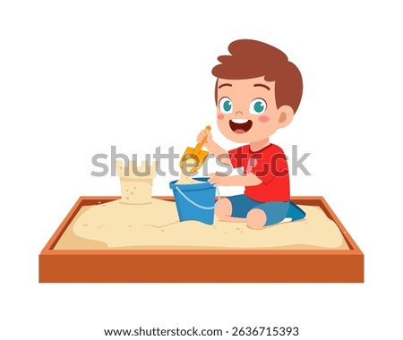 ttle Boy Playing in Sandbox, Enjoying Summer, Filling Bucket with Sand Smiling