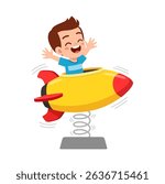 ttle Boy Riding a Rocket on a Spring Toy with Joyful Expression