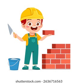 ttle Boy Wearing Yellow Helmet Building a Brick Wall with Trowel Illustration