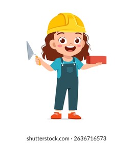 ttle Girl Builder Holding Brick and Trowel Wearing Hard Hat Cartoon Illustration