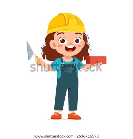 ttle Girl Builder Holding Brick and Trowel Wearing Hard Hat Cartoon Illustration