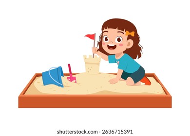 ttle Girl Building Sandcastle in Sandbox with Bucket and Shovel Illustration