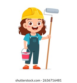 ttle Girl with Helmet Holding Paint Roller and Bucket Smiling in Cartoon Style
