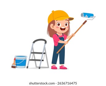 ttle Girl Painting with Roller and Ladder in Studio Illustration Style