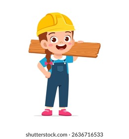 ttle girl wearing hard hat carrying a wooden plank, full shot cartoon illustration