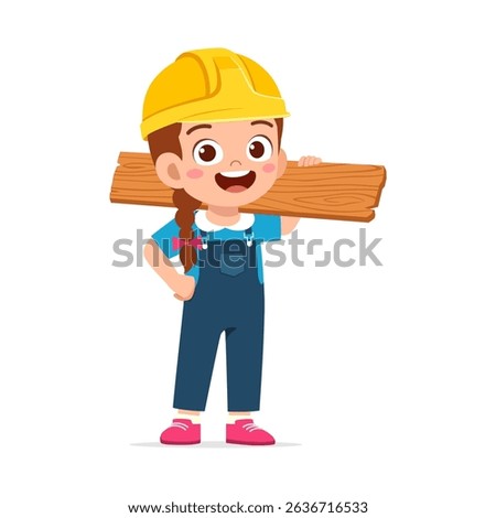 ttle girl wearing hard hat carrying a wooden plank, full shot cartoon illustration